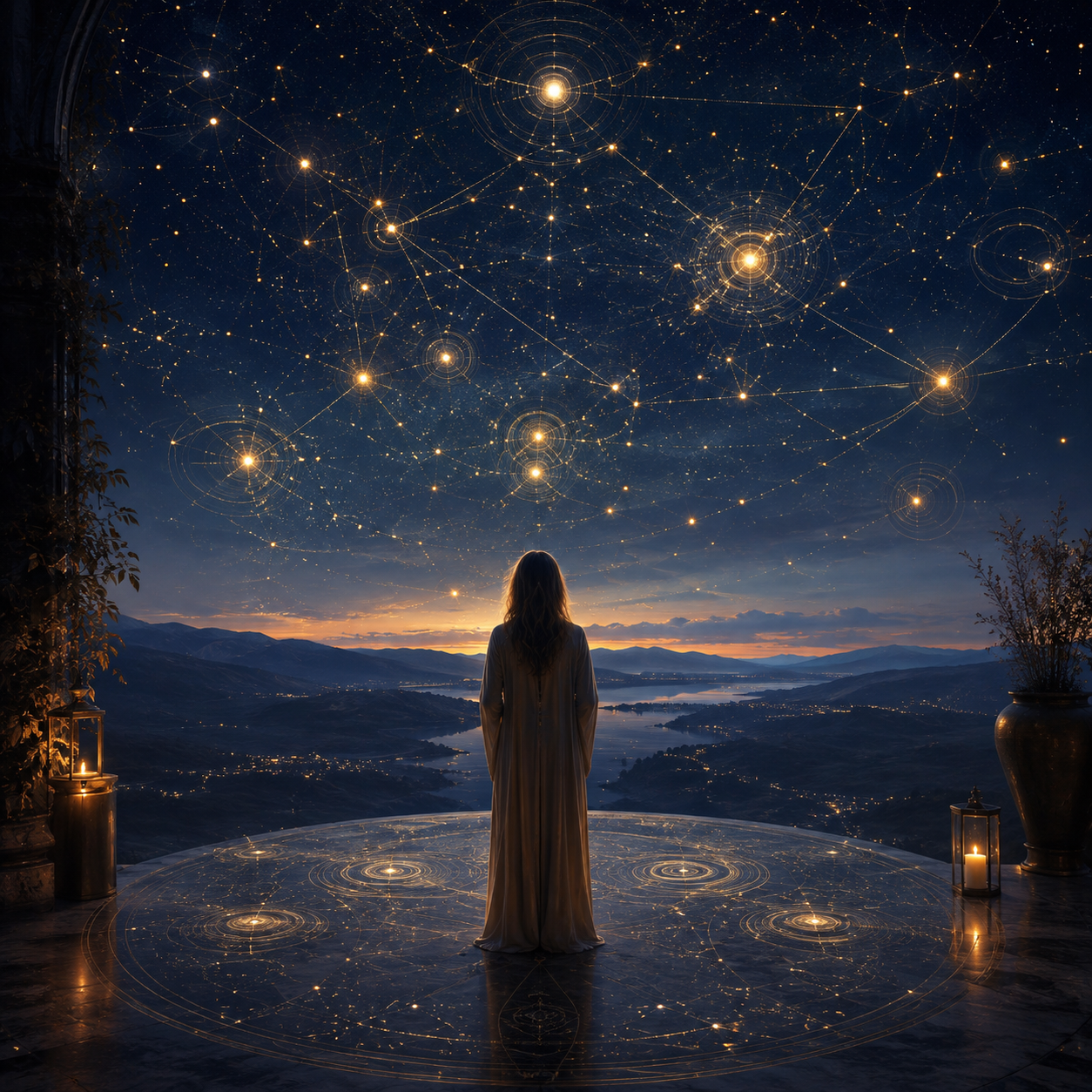 Femme observant un ciel étoilé évoquant les questions à poser à ses guides spirituels