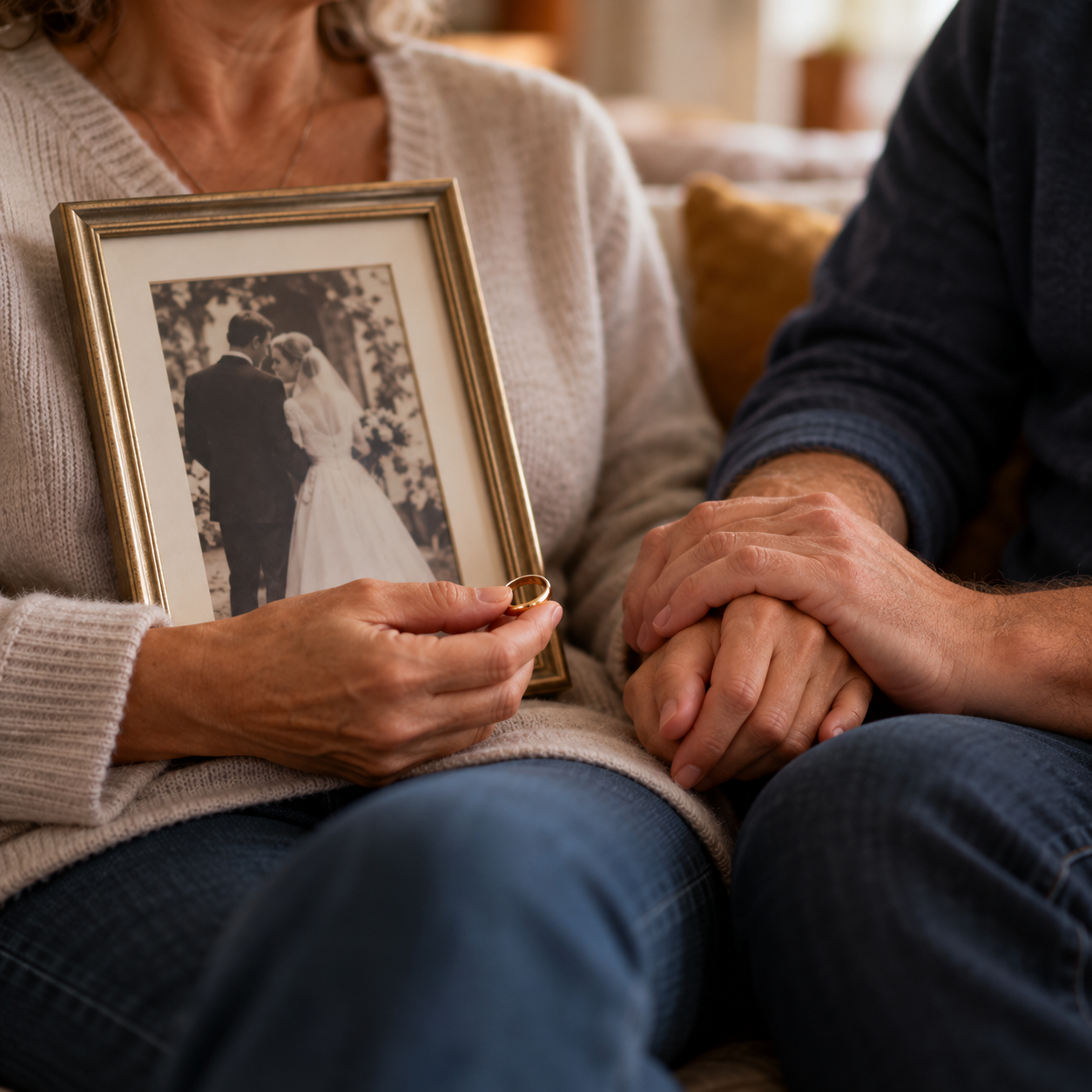 Veuve tenant son alliance et une photo de mariage tandis qu’un nouveau partenaire lui tient la main, symbolisant le fait de refaire sa vie après la mort de son conjoint
