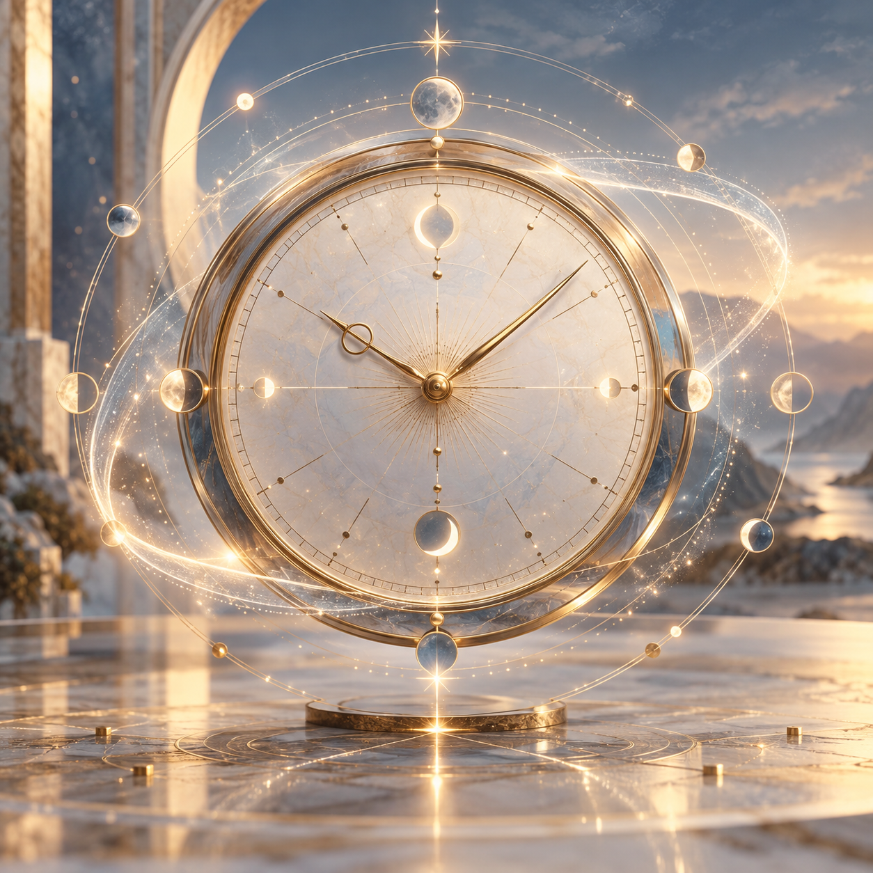 Horloge spirituelle entourée de symboles célestes, évoquant le temps nécessaire pour développer ses capacités psychiques