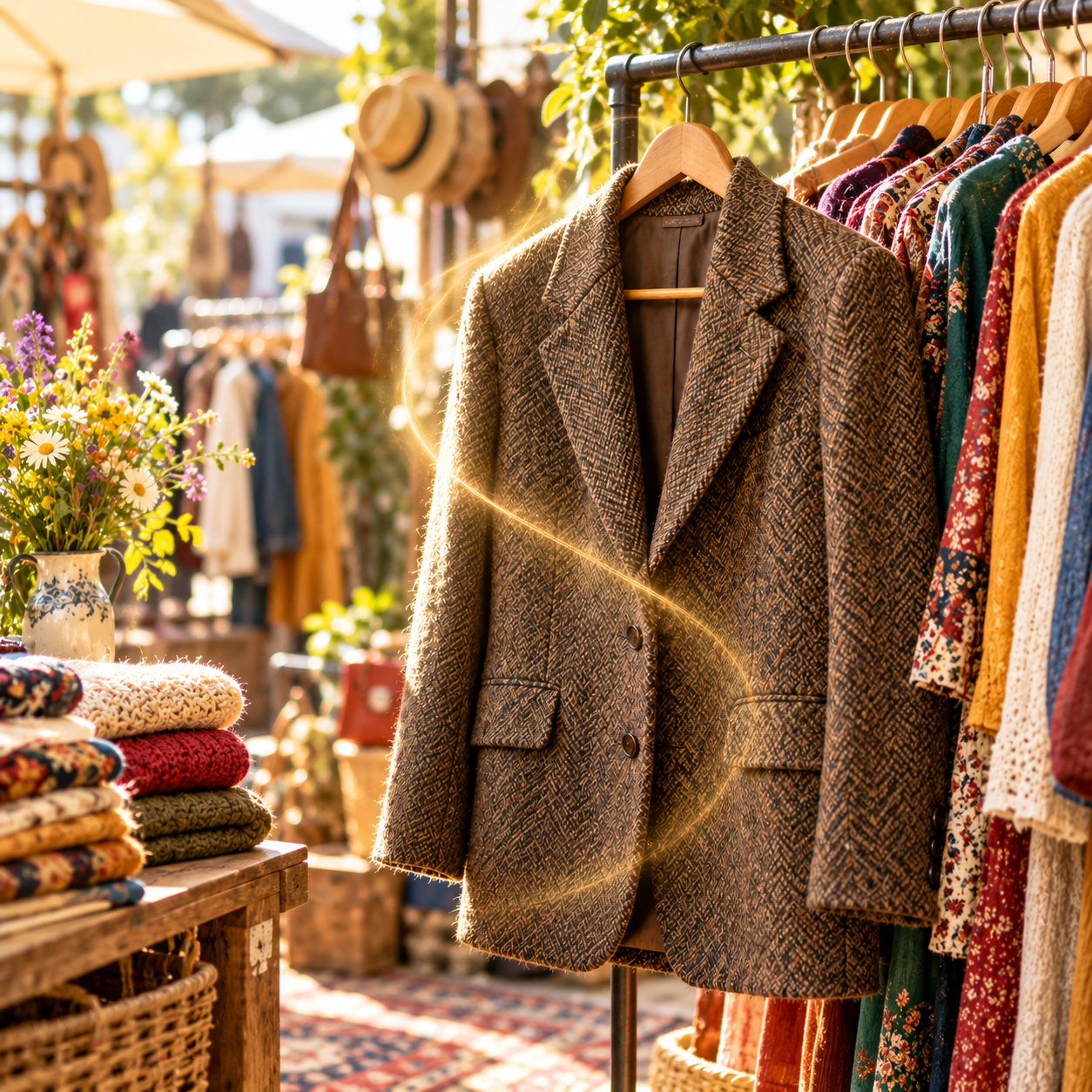 Vêtement d’occasion sur un marché vintage, avec une lumière symbolisant l’énergie résiduelle