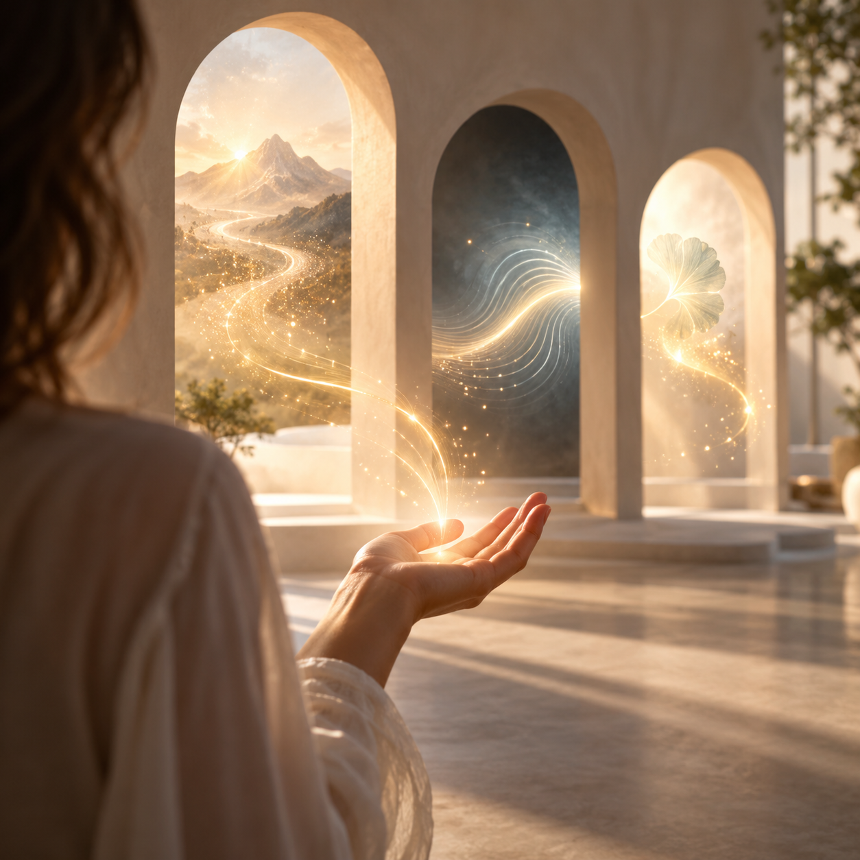 Personne recevant des flux lumineux symbolisant la canalisation et les différentes formes de perception intuitive